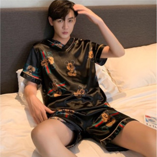 🌈(ราคาต่ำสุด)สไตล์ญี่ปุ่นและเกาหลี，ชุดนอนผู้ชาย，คอวีหรูหรา，ร…