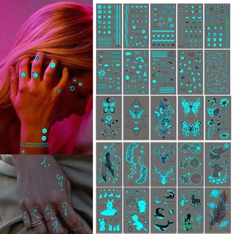 🦋💙 Sale ราคาต่อ 1 แผ่น 💙🦋 Glow in the dark blue Tattoo แทททูเรืองแสงสีฟ้า ผีเสื้อ ขนนก butterfly