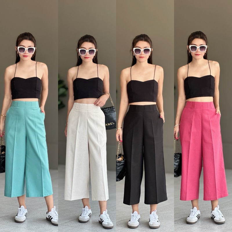 กางเกงลินินเอวสูงทรงขากระบอกยาว7ส่วนแต่งขอบชั้นทรงสวยเป๊ะ🆕