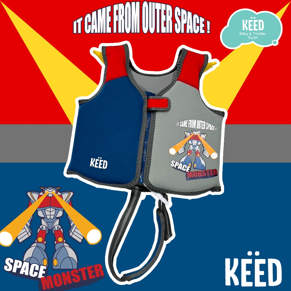 KEED :  เสื้อชูชีพเด็กสีแดง-น้ำเงิน  ด้านหลังตกแต่งด้วย ปีกหุ่นยนต์ 3 ไซส์ *108RG*
