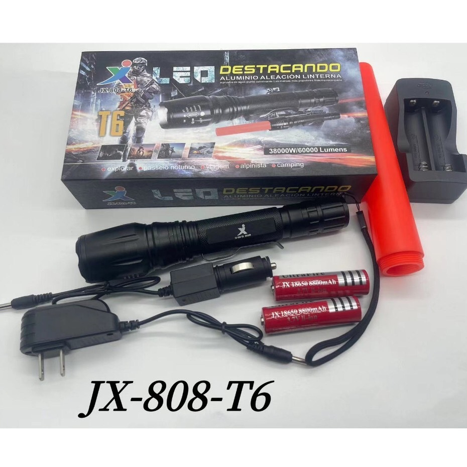 รุ่น XML T6 38000Wไฟฉายแรงสูง ไฟฉาย LED ไฟฉายซูม5โหมด สว่าง แข็งแรง ทนทาน ชาร์จไฟ JX-808