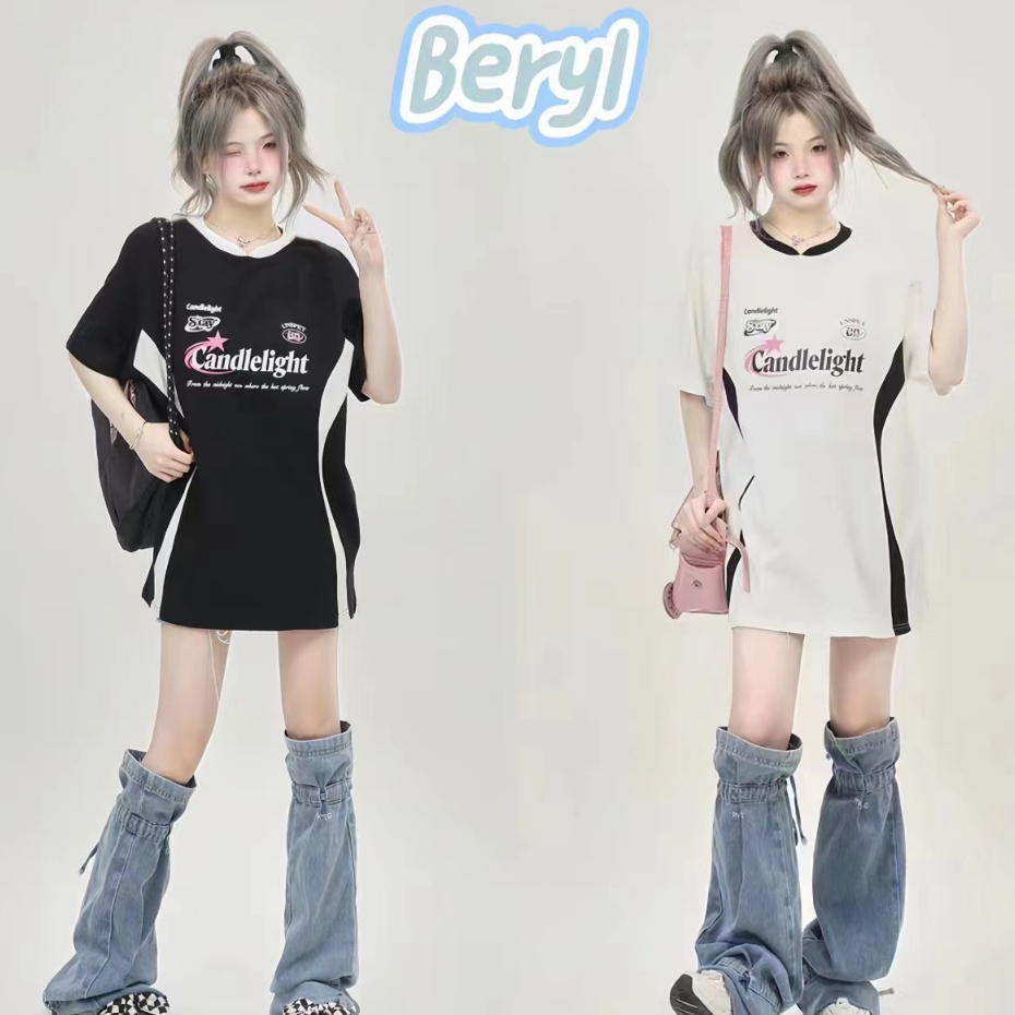 Beryl🩵American T -shirt🔵💠จดหมายย้อนยุคอเมริกันพิมพ์แขนสั้นของผู้หญิงหลวม
