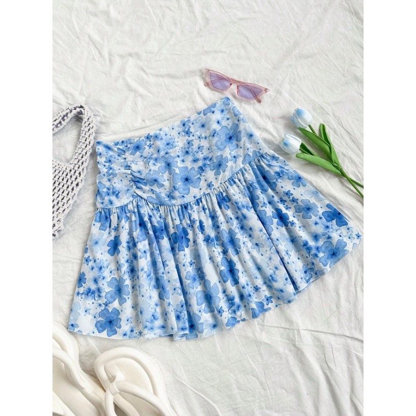 EZshop กระโปรงมิดี้ พิมพ์ลาย ดอกไม้ พลีท
