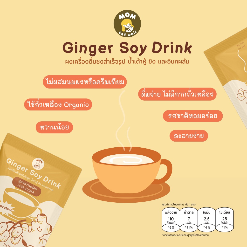 Mom eat well [กล่อง] Ginger Soy Drink ผงชง น้ำเต้าหู้ออร์แกนิค ผสมขิง และอินทผลัม สูตรหวานน้อย ช่วยแม่ เพิ่มน้ำนม
