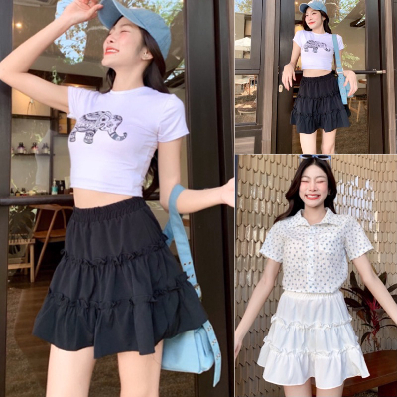 Ambella•กระโปรงสาวเวียดนาม | กระโปรงสั้นแต่งระบายเป็นชั้น งานน่ารัก มี 2 สี ขาว ดำ เวียดสั้นระบาย