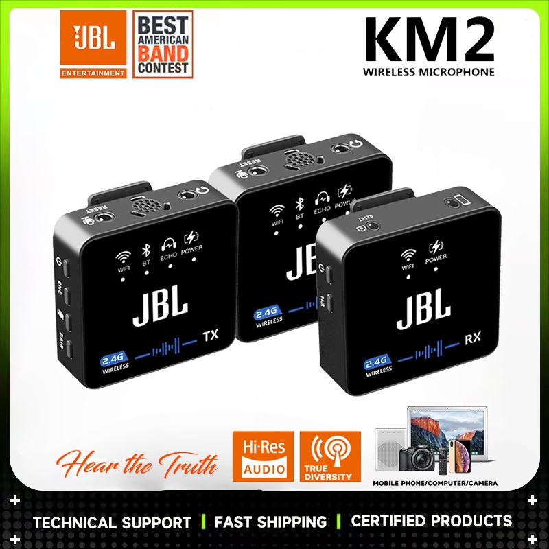 JBL KM2 ไมโครโฟนไร้สายโทรศัพท์มือถือกล้องคอคลิปไมโครโฟนวิทยุไมโครโฟน ⚡ตัวรับสัญญาณหนึ่งตัวและไมโครโฟ