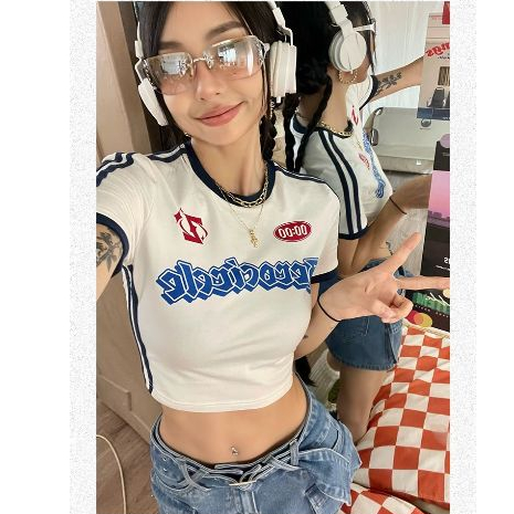 เสื้อยืดครอป เสื้อยืดแฟชั่น สไตส์วินเทจ สวมใส่สบาย กรีนอักษร #60189
