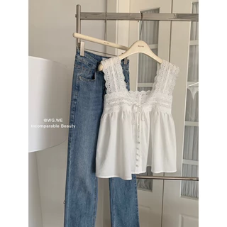 📍พร้อมส่ง📍8450#💌เสื้อแขนกุด คอเหลี่ยม งานผ้าฉลุ TAG WG.WE 🇰🇷🇰🇷