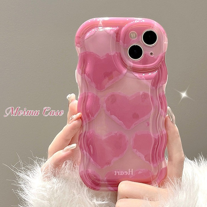 สำหรับ iPhone 11 15 14 13 12 Pro MAX 7 8 14 Plus X XS MAX SEกรณีโทรศัพท์สีชมพู Love Wave ขอบฟองกรณีโทรศัพท์ TPUน่ารัก