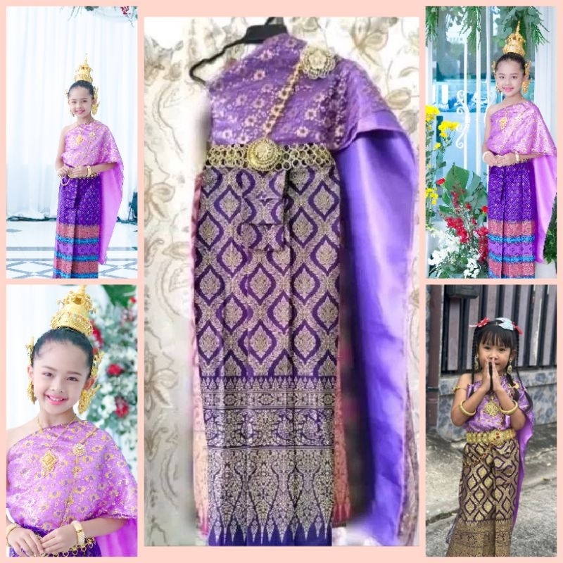 สีม่วงเข้มชุดไทยเด็ก3-10ปีสไบและผ้าถุงเป็นยางยืดมีให้เลือก8ขนาด ราคาไม่รวมเครื่องประดับ