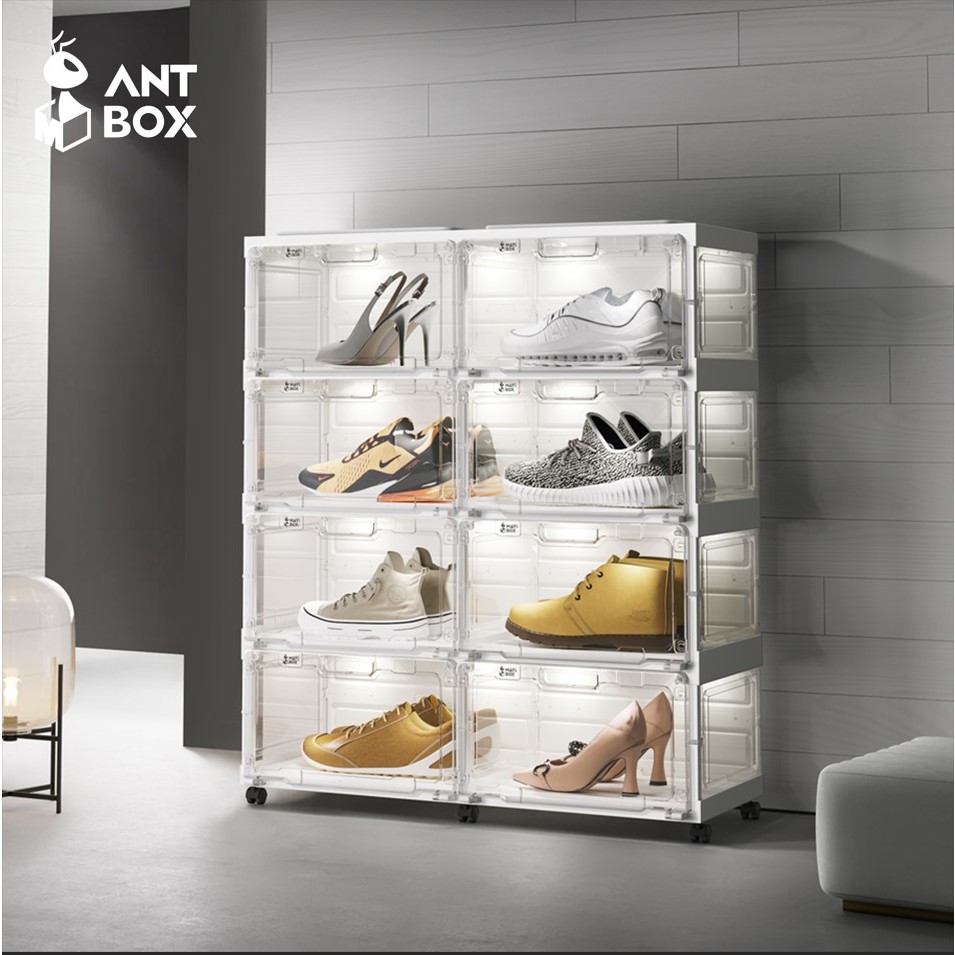 ANTBOX กล่องรองเท้ามีไฟ LED 2 แถว 4 ชั้น เอนกประสงค์ ประหยัดพื้นที่ พลาสติกแข็ง พับเก็บได้ ฝาอะคริลิคปิดแบบใส