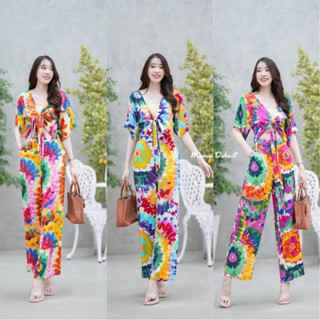 เสื้อมัดย้อมแขนสั้นผูกโบว์ด้านหน้า + กางเกงขายาว