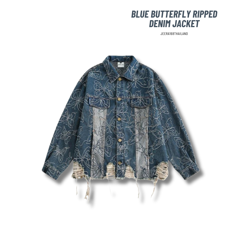 jeera168 | รุ่น Blue Butterfly ripped Denim Jacket เสื้อแจ็คเก็ตยีนส์ Unisex ลายผีเสื้อ Vintage Style  เนื้อผ้ายีนส์ (De