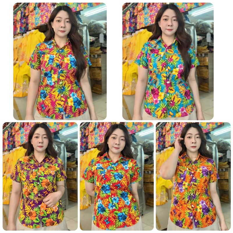 เสื้อลายดอก T9 สงกรานต์ ผ้าคัตตอน สีไม่ตก ไม่หด มีทรงตรง เข้ารูป ไซส์ใหญ่
