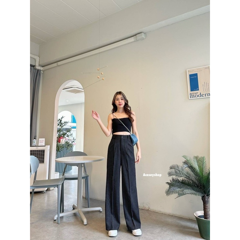 Acasey กางเกงขายาวผู้หญิง ลายริ้ว ขากระบอก กระดุมซิปหน้า ผ้าพริ้วทิ้งตัว ไซส์ S - 3XL  รุ่น ริ้วพลิ้ว - รูปที่ 4