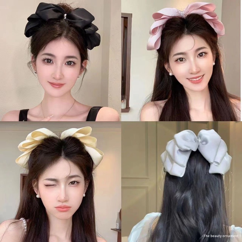 สามสีเครื่องประดับผมใหญ่ผ้าซาตินโบว์มุกสามชั้น