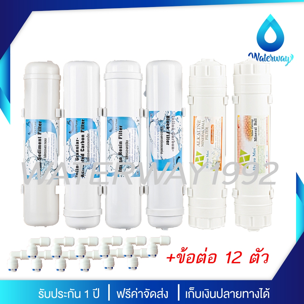 [มีบริการเปลี่ยนไส้] UNI PURE ไส้กรองน้ำ 6 ขั้นตอน INLINE 12 นิ้ว MINERAL+ALKALINE มีแร่บำรุงร่างกาย แถมข้อต่อ 12 ชิ้น