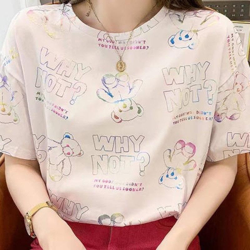 เสื้อยืดแฟชั่นผู้หญิง พิมพ์ลาย คอกลม แขนสั้น ผ้านิ่ม ทรงหลวม รุ่นA75 - รูปที่ 5