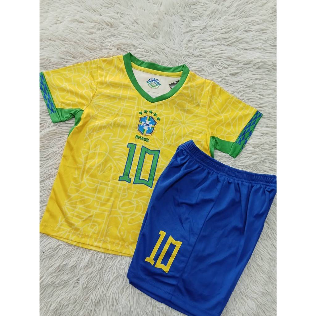 ชุดบอลเด็กทีมบราซิลเหลือง เสื้อ+กางเกง สกรีนชื่อเนย์มาร์เบอร์10 ใหม่ล่าสุดปี2024-2025 Massi