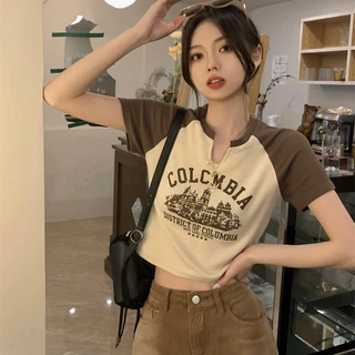พร้อมส่ง🖤 เสื้อครอปเเขนสั้น คอกลม ดีเทล u COLOMBIA น่ารัก ใส่สบาย