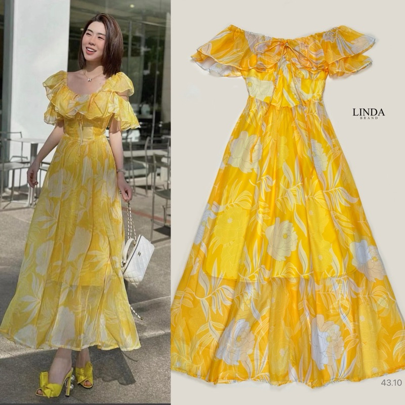 M3 งานป้าย Linda Dress ชุดเดรสยาวปาดไหล่สีเหลืองผ้าชีฟอง สำหรับผู้หญิง เสื้อผ้าแฟชั่นผู้หญิง ไซส์ Xs-L