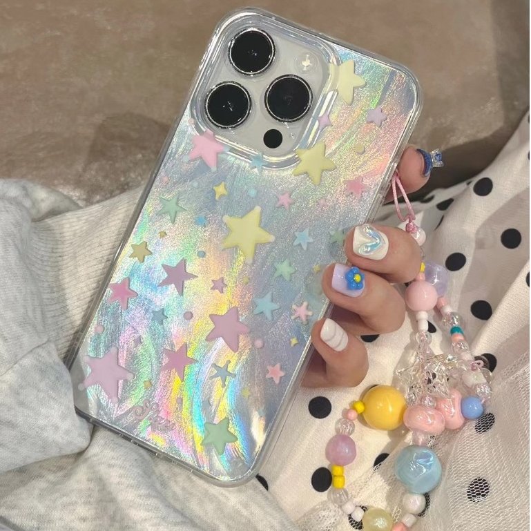 จัดส่งภายใน24ชม คาเม็ท เลเซอร์ ดาว สีสัน เคส iPhone 11 15 14 pro max หวานสวย โซ่ สีฟ้า เคสไอโฟน case for iPhone 12 13