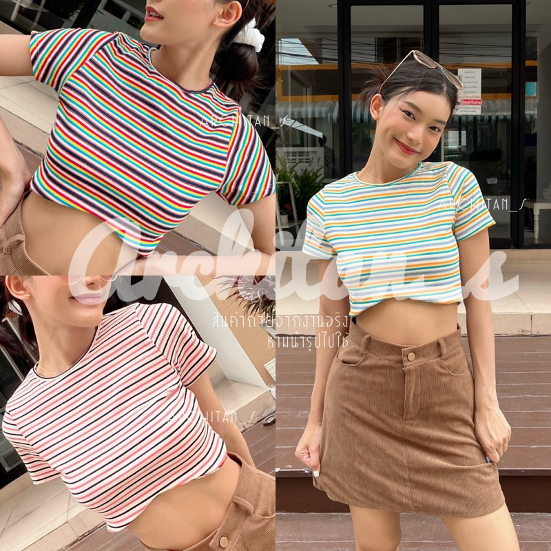 พร้อมส่งในไทย🇳🇱ท็อปครอปลายริ้วคอกลม เเต่งเว้าตัวสั้น น่ารักเเมทส์ง่ายยยสวยจริงสุดด