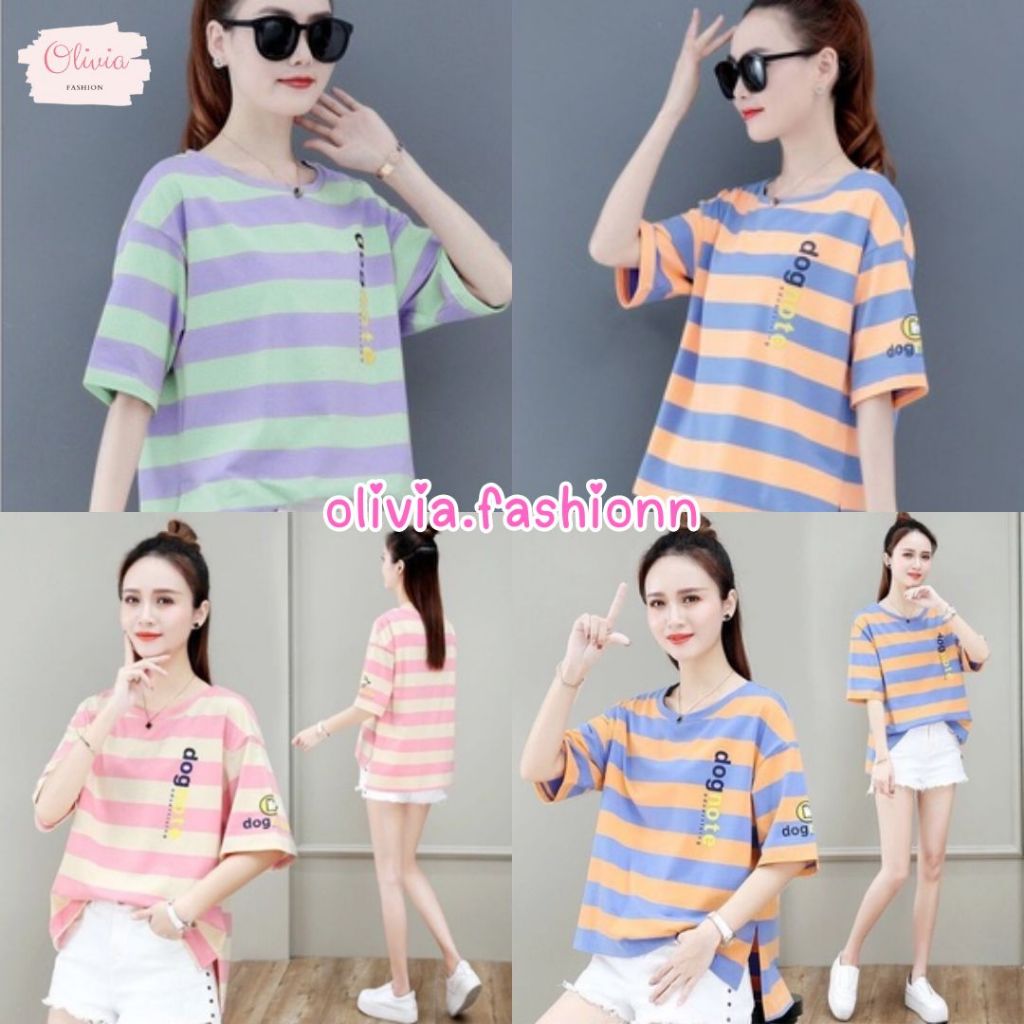 Olivia เสื้อคอกลมแขนสั้น ลายทางใหญ่ สกรีนอักษรคมชัด สีหวานสดใส พร้อมส่ง #9022