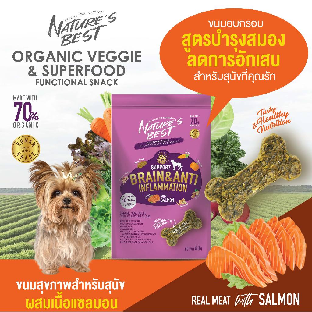 ขนมสุนัขออร์แกนิค สูตรบำรุงสมอง ช่วยลดอาการอักเสบ 40g. NB Support Brain & Anti Inflammation