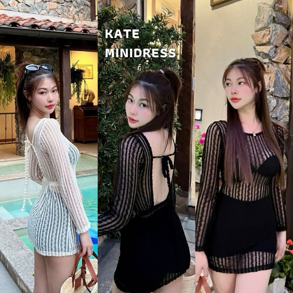 KATE MINIDRESS - เดรสสั้นแขนยาวผ้าซีทรู ผูกหลัง เดรสซีทรูแซ่บๆแขนยาว สาวอวบใส่ได้ มีที่ผูกโบว์ ป้าย Sheeny.