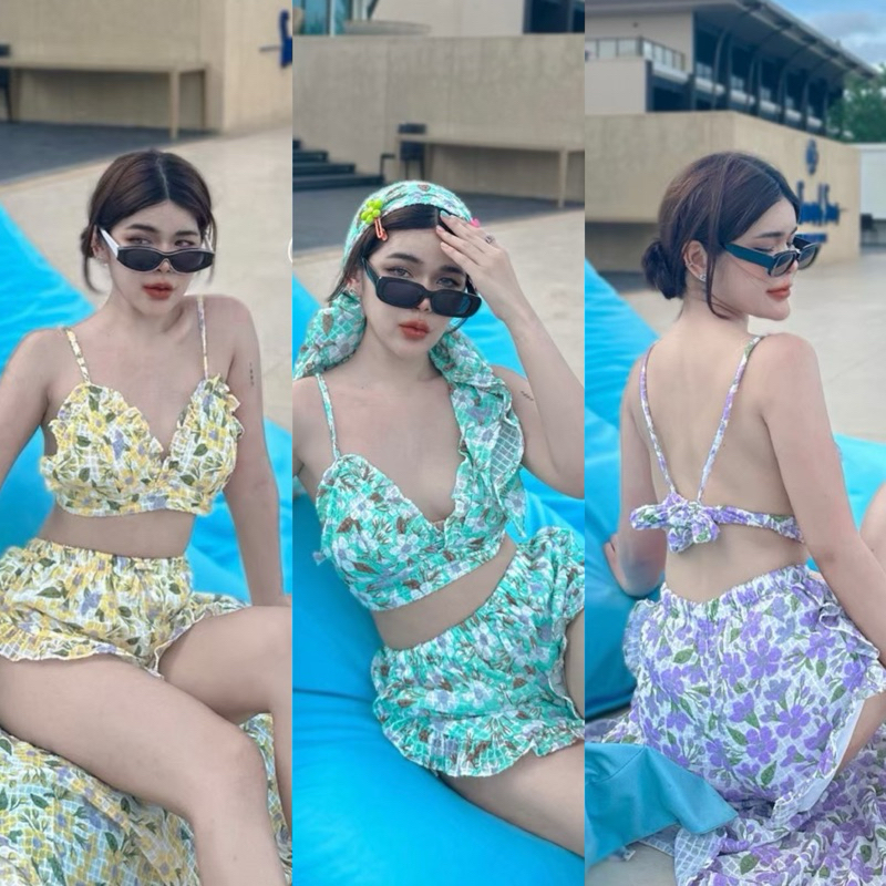 Teera พร้อมส่ง Set’3ชิ้น ซัมเมอร์ซัมใจ ผ้าลายดอกนูน เสื้อ+กางเกง+ผ้าคลุมไหล่ Goodluck