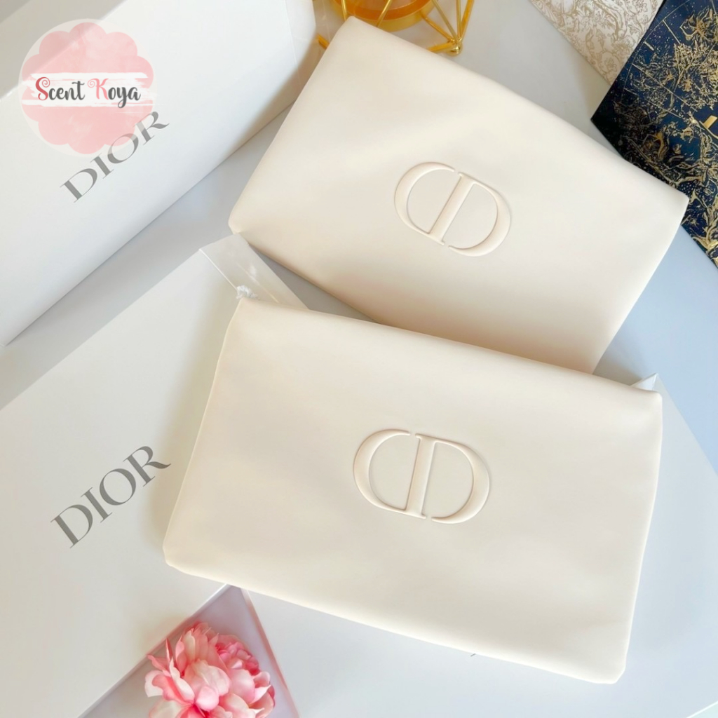 ของแท้ &gt;&gt; กระเป๋าเครื่องสำอาง Dior Cosmetic Pouch Bag กระเป๋าหนังสีครีม ทรงแบน