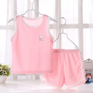ชุดเสื้อกล้ามเด็ก ชุดเซ็ตสองชิ้นเด็ก ระบายอากาศ ผ้าบาง ทำขอบสี พร้อมส่ง