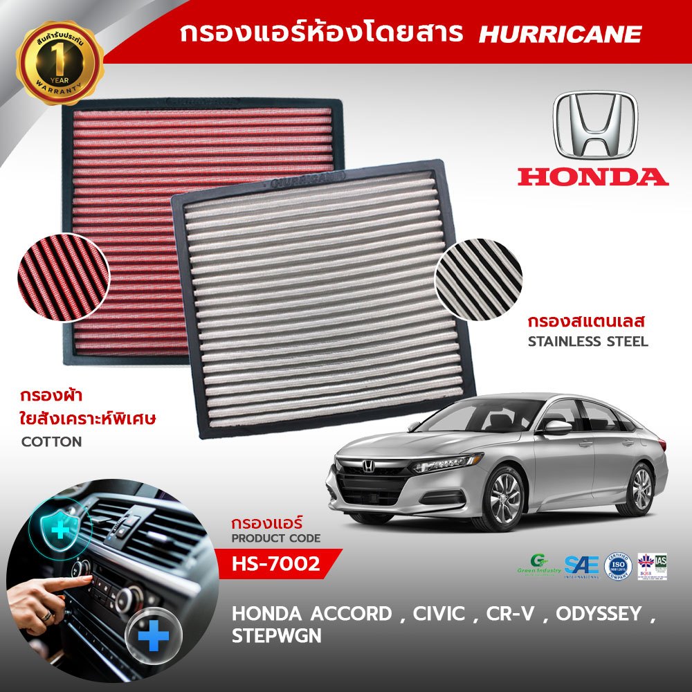 HURRICANE กรองแอร์ผ้าแดง & สแตนเลส Honda (  Freed , Jazz , City ) HS-7004