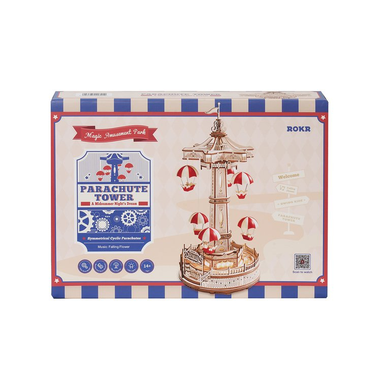 Robotime & Rolife ชุดโมเดลตัวต่อไม้ ROKR Parachute Tower 3D Wooden Puzzle กล่องดนตรี พร้อมส่ง