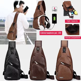 กระเป๋าสะพายหนังผู้ชายกระเป๋า กระเป๋าหน้าอก USB ชาร์จหลุมหูฟังภายนอก PU Leather Men Bag