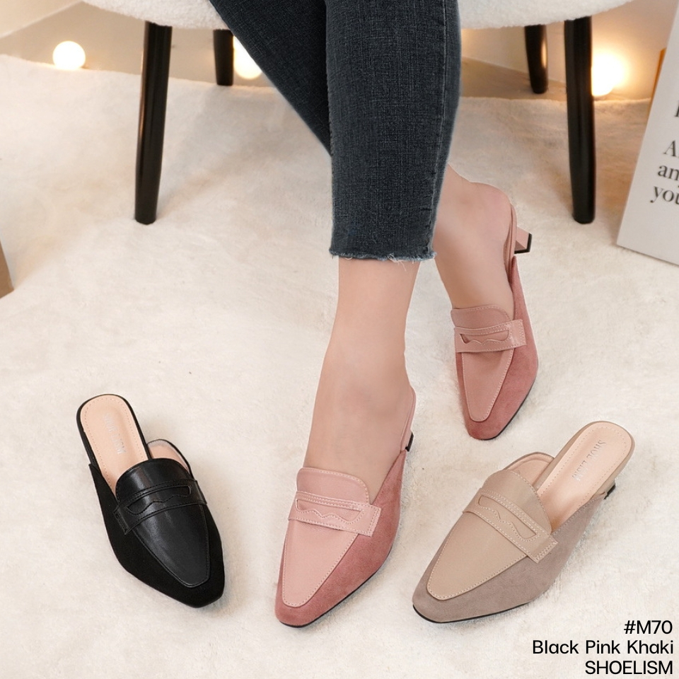 M70 # SHOELISMรองเท้าคัชชูเปิดส้น หนังนุ่มยืดหยุ่นได้ สลับหนังกลับเพิ่มความเรียบหรู