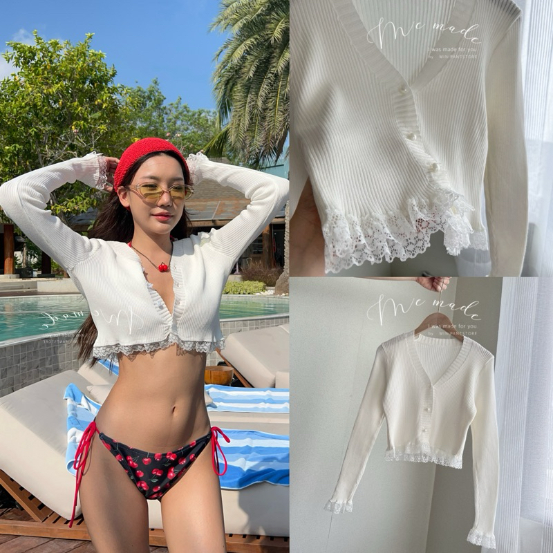 เสื้อครอปไหมพรม แขนยาว ชายลูกไม้
