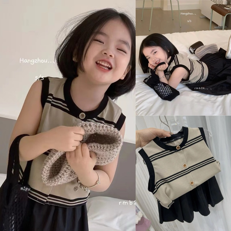 พร้อมส่งจ้า ชุดเด็กผู้หญิง ชุดเซ็ตเสื้อครีมลาย-ดำ + กระโปรงสีดำ ลุคสไตล์เด็กเกาหลีค่ะ (SK BC)