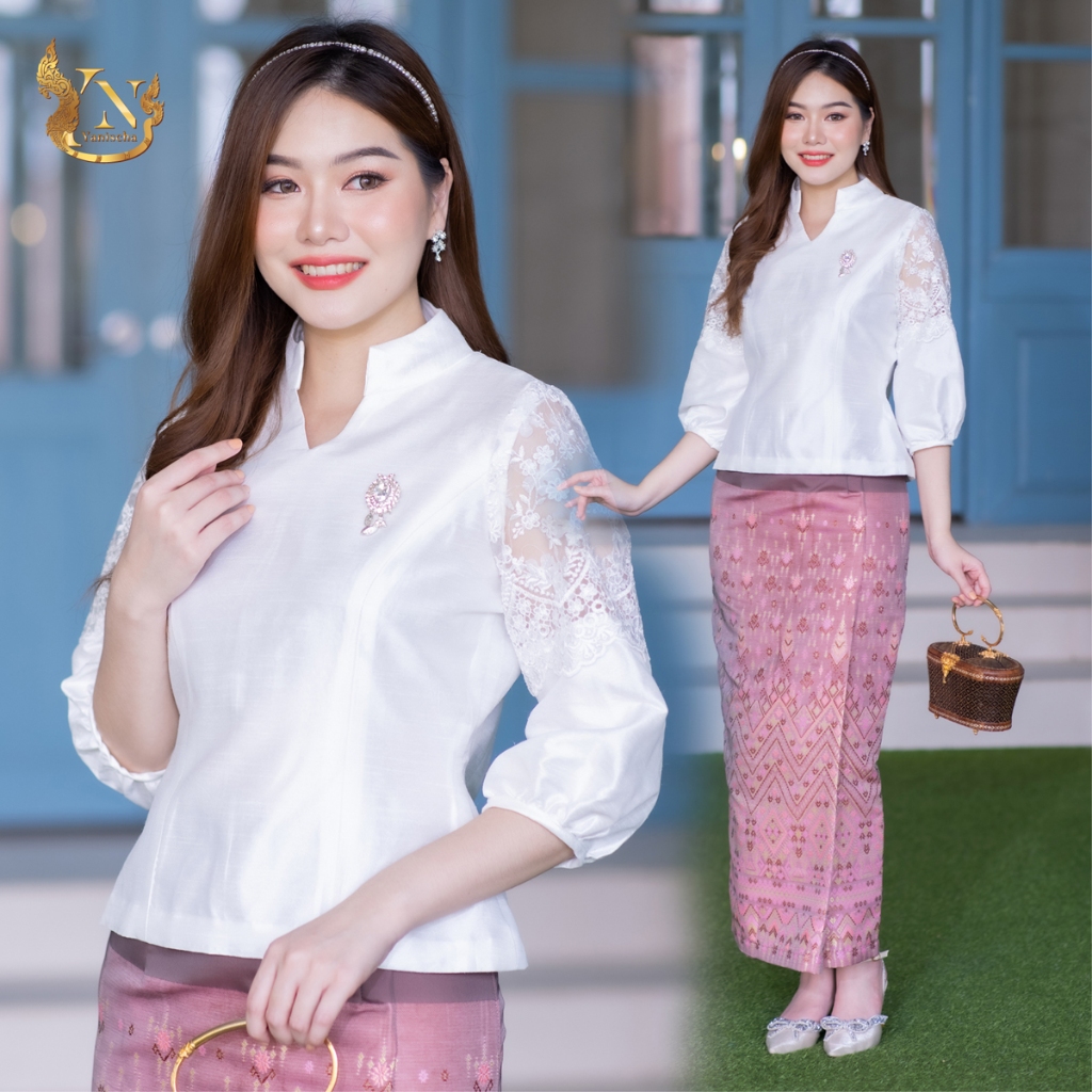 ชุดผ้าไหม ชุดออกงาน ไปวัด ทำบุญ - ชุดผ้าไหมแพรทิพย์ แต่งลูกไม้ฝรั่งเศส รุ่นดวิกา (ขาว)