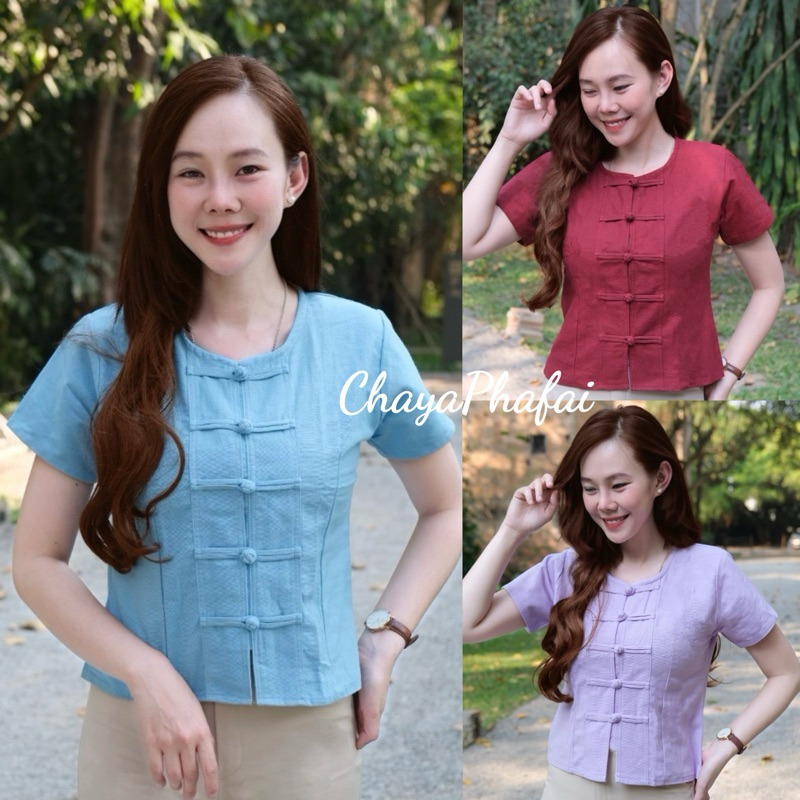 เสื้อคอกลมแขนสั้นกระดุมขอด