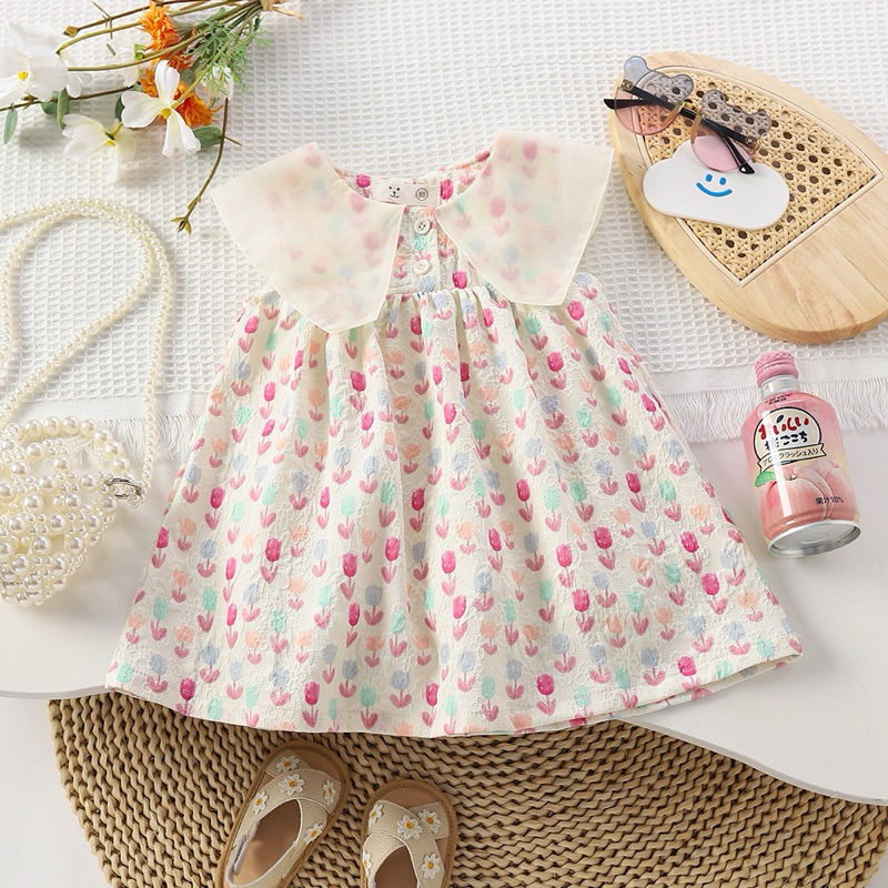 พร้อมส่ง AMA-D004 ชุดกระโปรงเด็กผู้หญิง ลายดอกสีชมพู แขนกุด