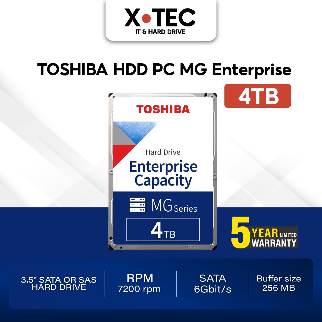 Toshiba Internal HDD (4TB) Enterprise Capacity Hard Drive – MG Series 3.5" MG 7200rpm 256MB SATA TSB