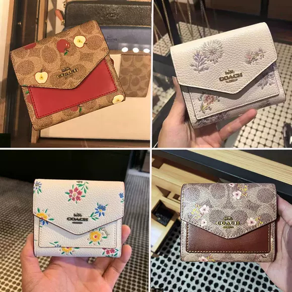 Small Wallet 31817 31822 ผู้หญิง หนังแท้ ขนาดเล็ก กระเป๋าสตางค์ Coac h กระเป๋าใส่เหรียญ พับเก็บได้ ปุ่มสแน็ป