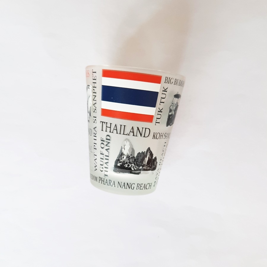แก้วช็อตสถานที่ท่องเที่ยวไทย เอกลักษณ์ไทย ช้าง ตุ๊ก ๆ มวย ธงชาติไทย ของที่่ระลึกประเทศไทย ของฝากไทย ของขวัญ ของสะสม
