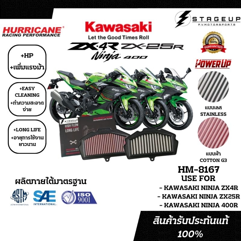 ใหม่ HURRICANE กรองอากาศ เฮอริเคน ZX4R ZX25R NINJA500 NINJA400 KAWASAKI แต่ง เพิ่มแรงม้า ล้างได้ HM-
