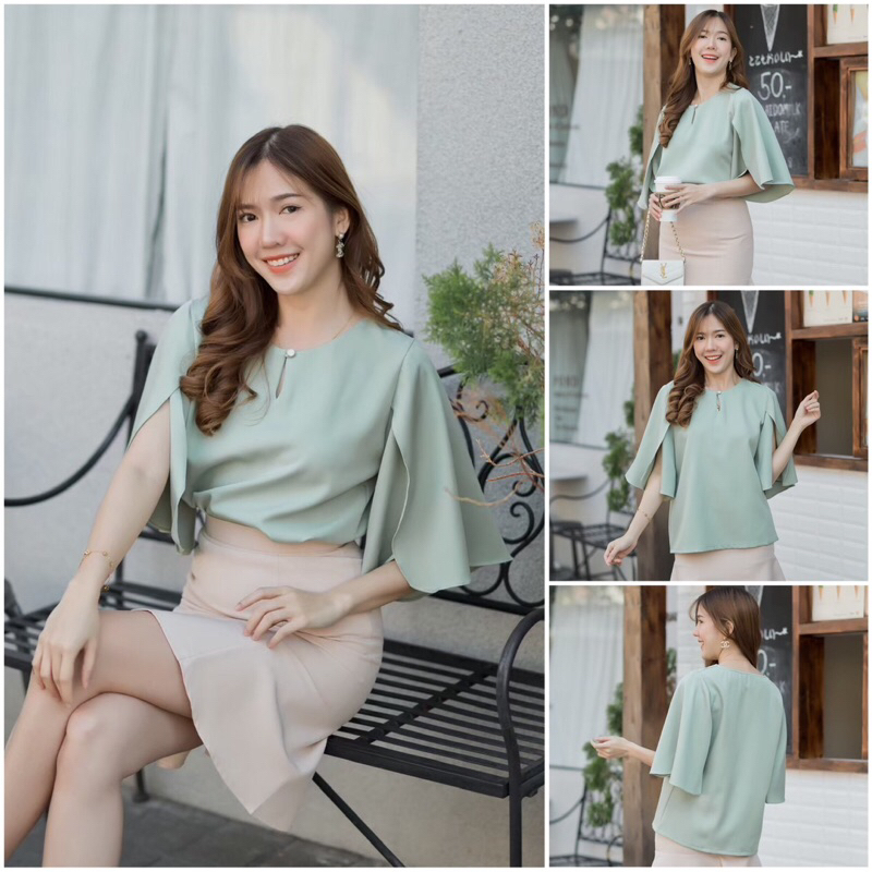 เสื้อเบลาส์ดีไซส์แขนกิโมโนสามส่วนผ่าแขน เพิ่มดีเทลหยดน้ำที่คอ #L154SHOP_W009