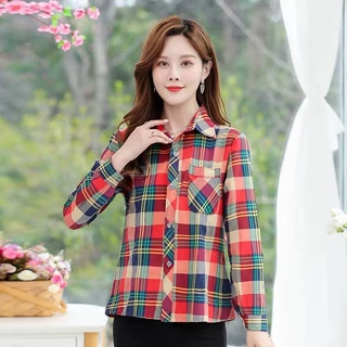 สินค้าพร้อมส่ง เสื้อเชิ้ตผู้หญิงลายสก๊อตผู้หญิงแขนยาวแฟชั่นระบายอากาศสบาย