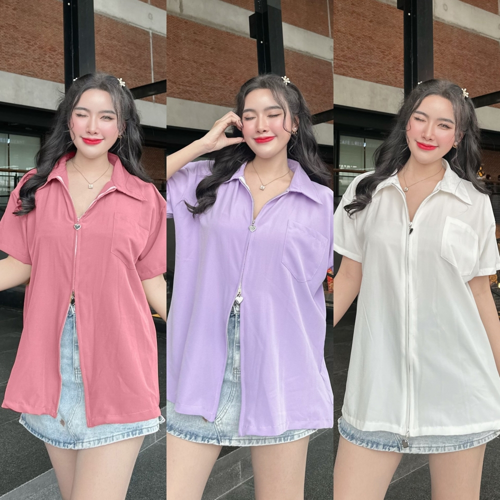 สินค้าพร้อมส่ง เสื้อแขนสั้นซิปหน้ากระเป๋าหน้ากระดุมหลัง Oversize
