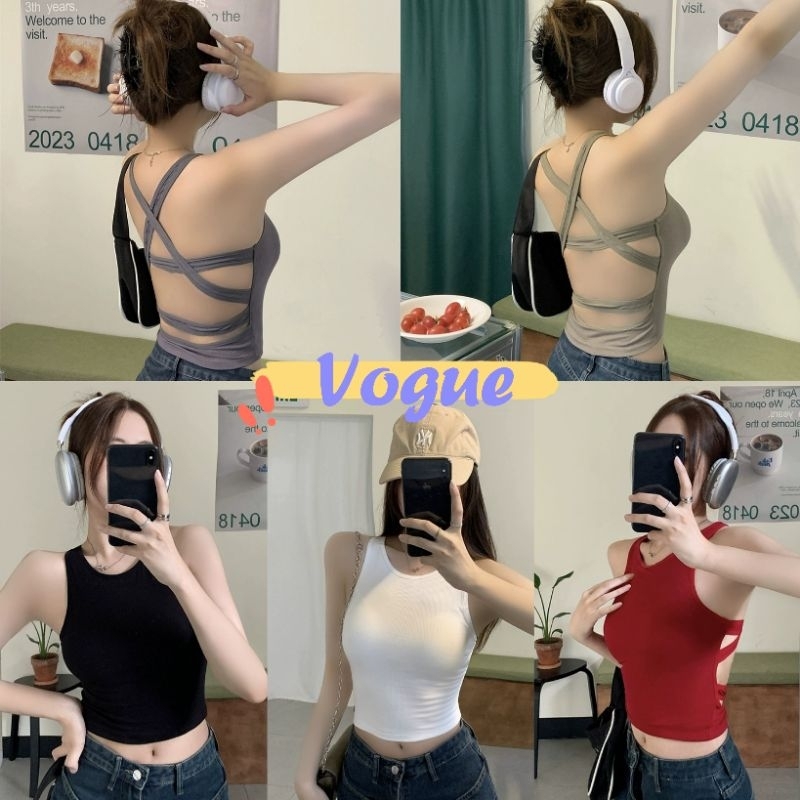 Vogue พร้อมส่ง เสื้อกล้ามแขนกุดคอเต่า เสื้อแขนกุดเว้าหลัง ทันสมัยและเซ็กซี่ พร้อมแผ่นรองหน้าอก (FY2061)